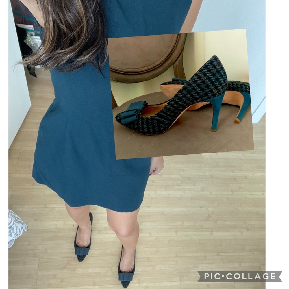 Antonio Melani Tweed Navy and Green Heel with Bow- 7 1/2